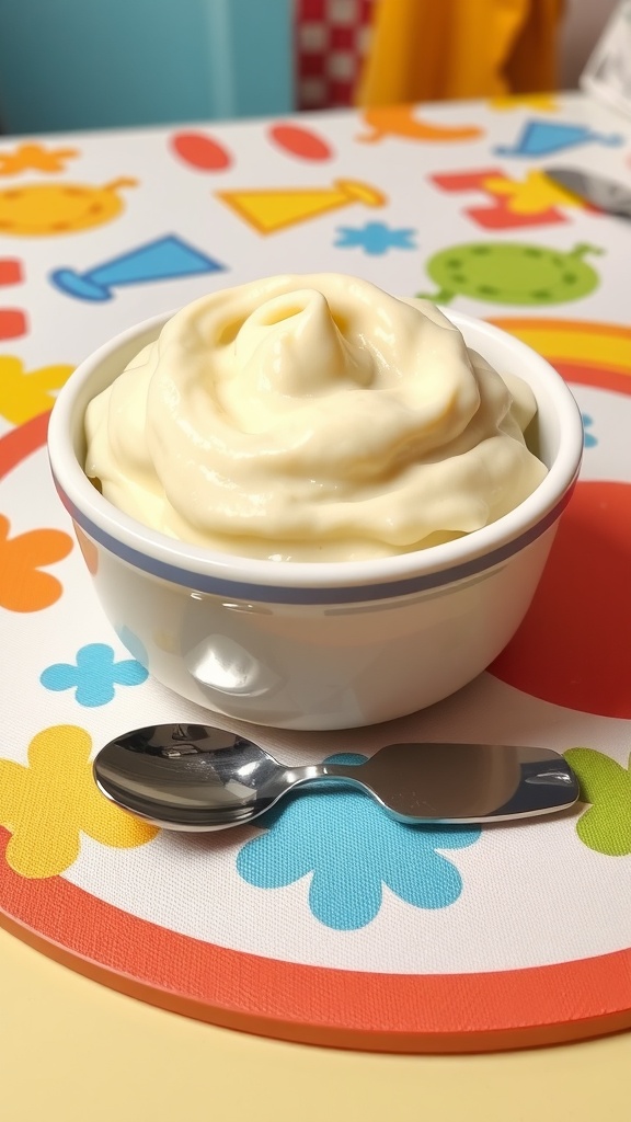 A bowl of smooth mashed potatoes for babies with a small spoon, on a colorful placemat.